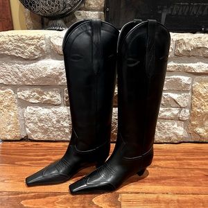Khaite Dallas Calfskin Western Knee Boots in Black, EU 37.5, Women’s 7 - 7.5